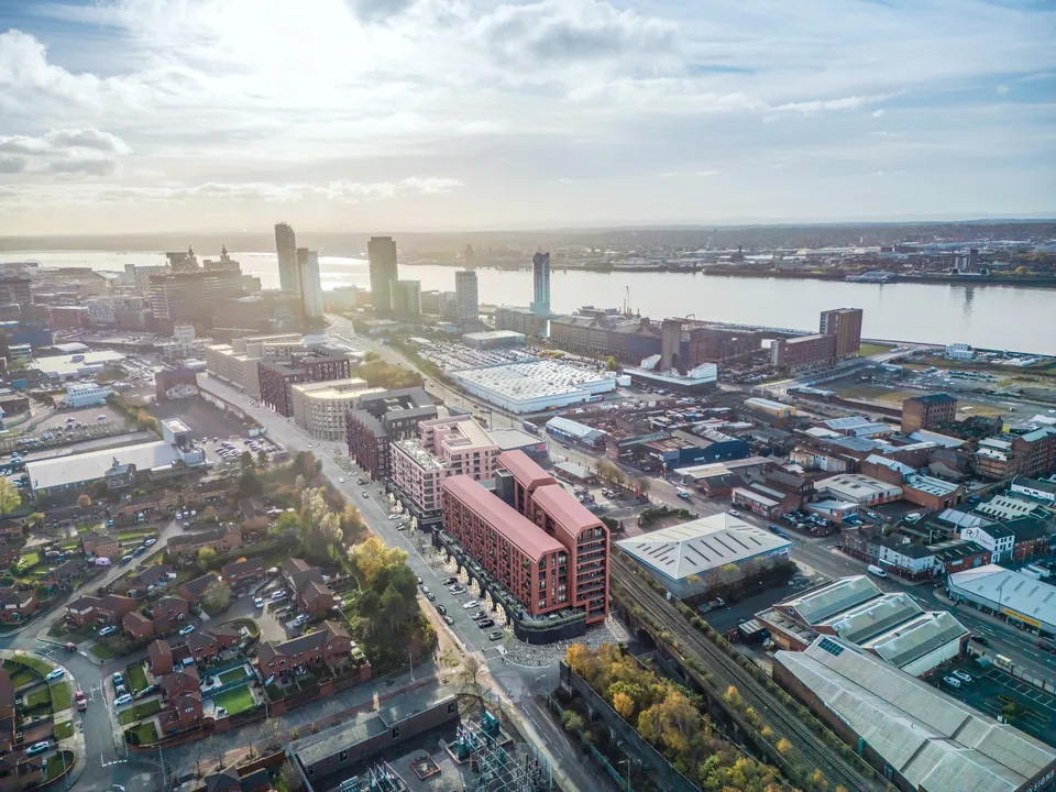 Pall Mall Square: aerial view towards the River Mersey