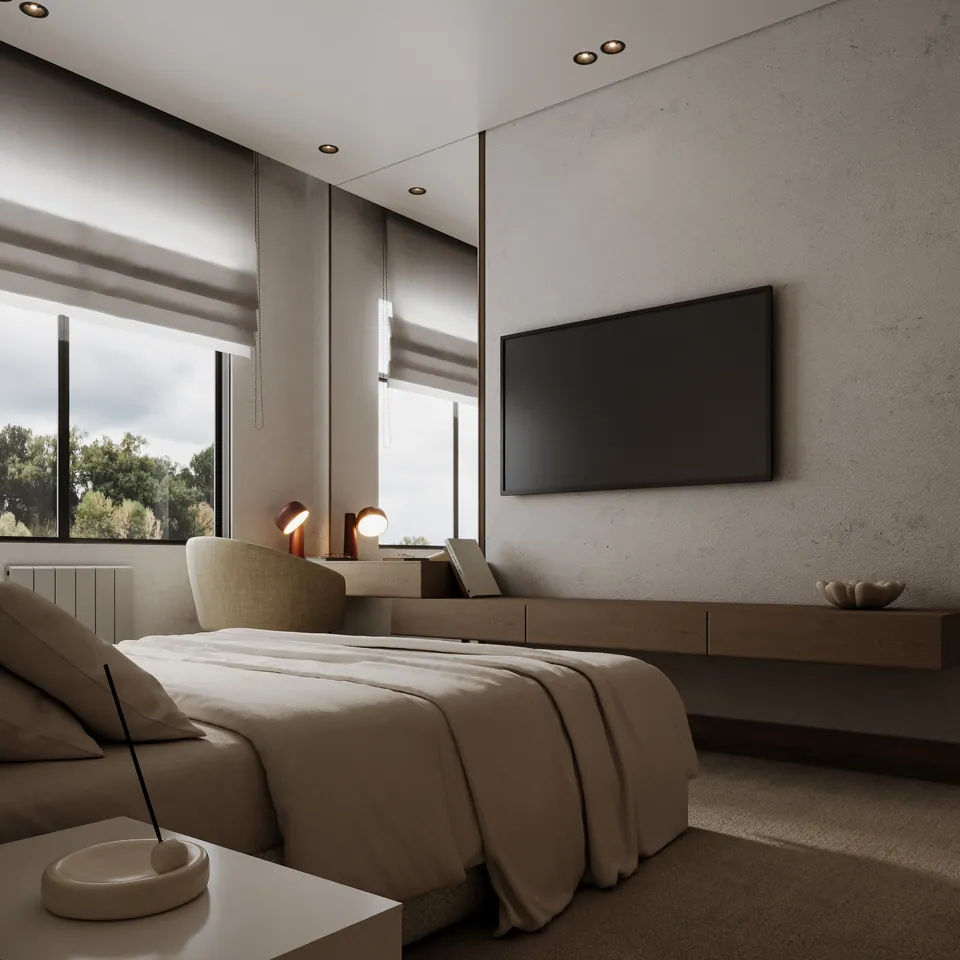 One-bedroom apartment: bedroom with TV wall